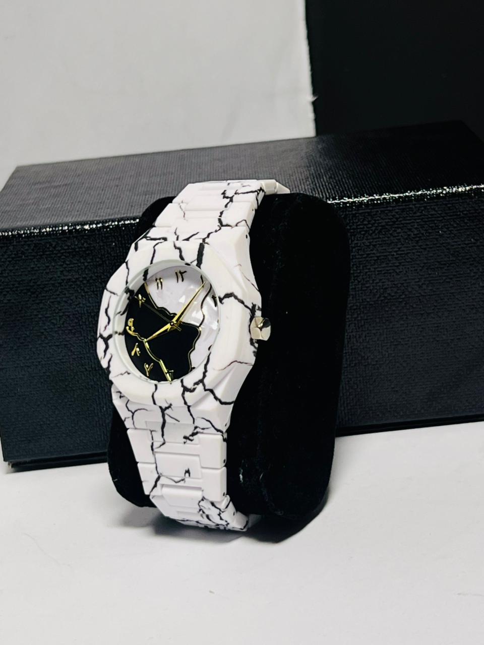 Premium white marble Arabic numerals watch two-tone artistic dial gold hands Whearz Pakistan