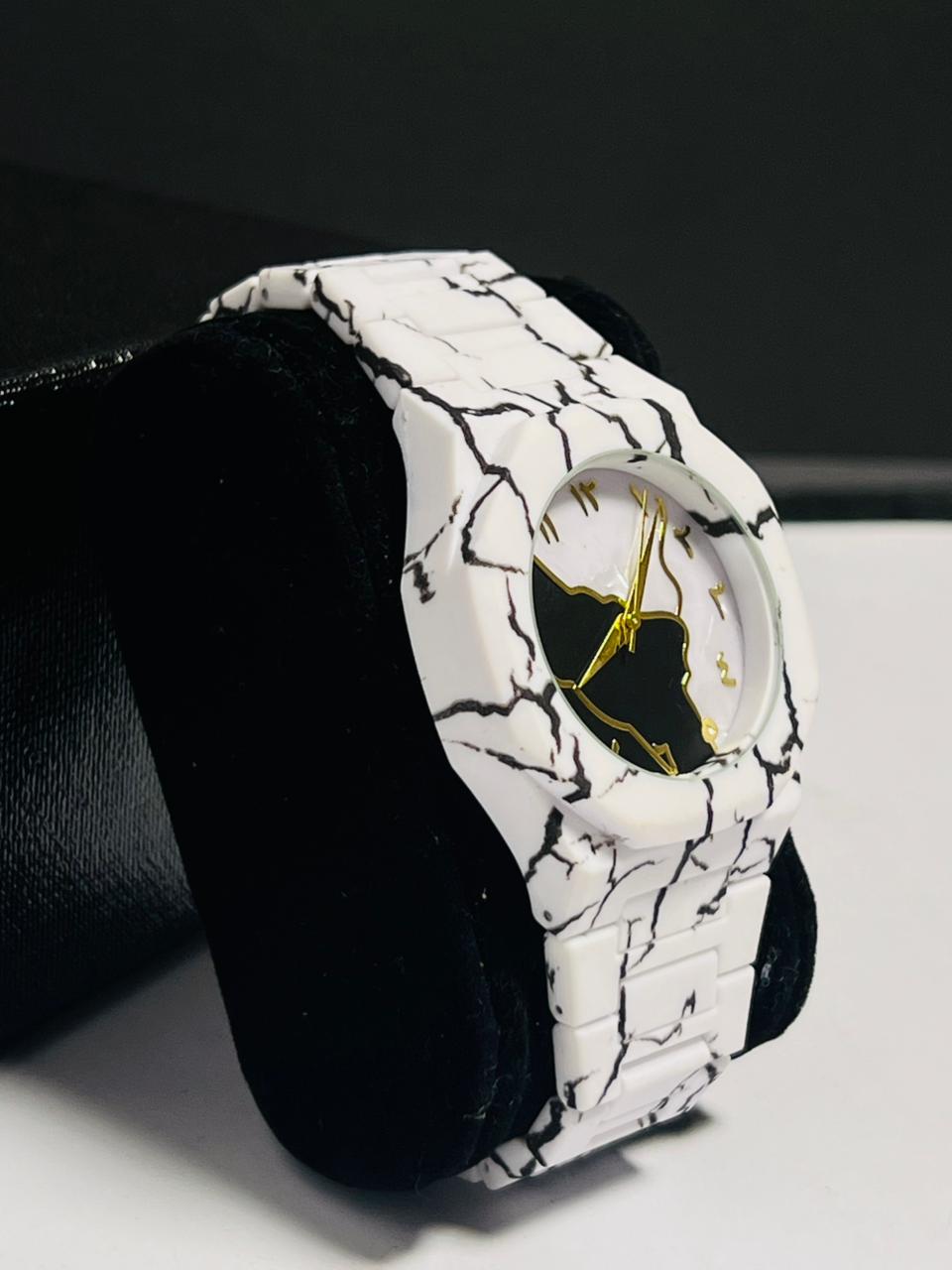 White marble pattern watch black veining ceramic finish unique