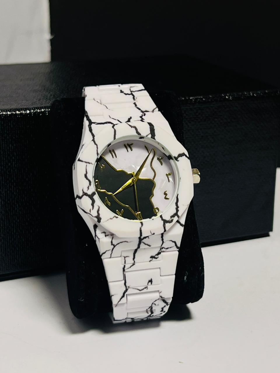 Premium white marble Arabic numerals watch two-tone artistic dial gold hands Whearz Pakistan
