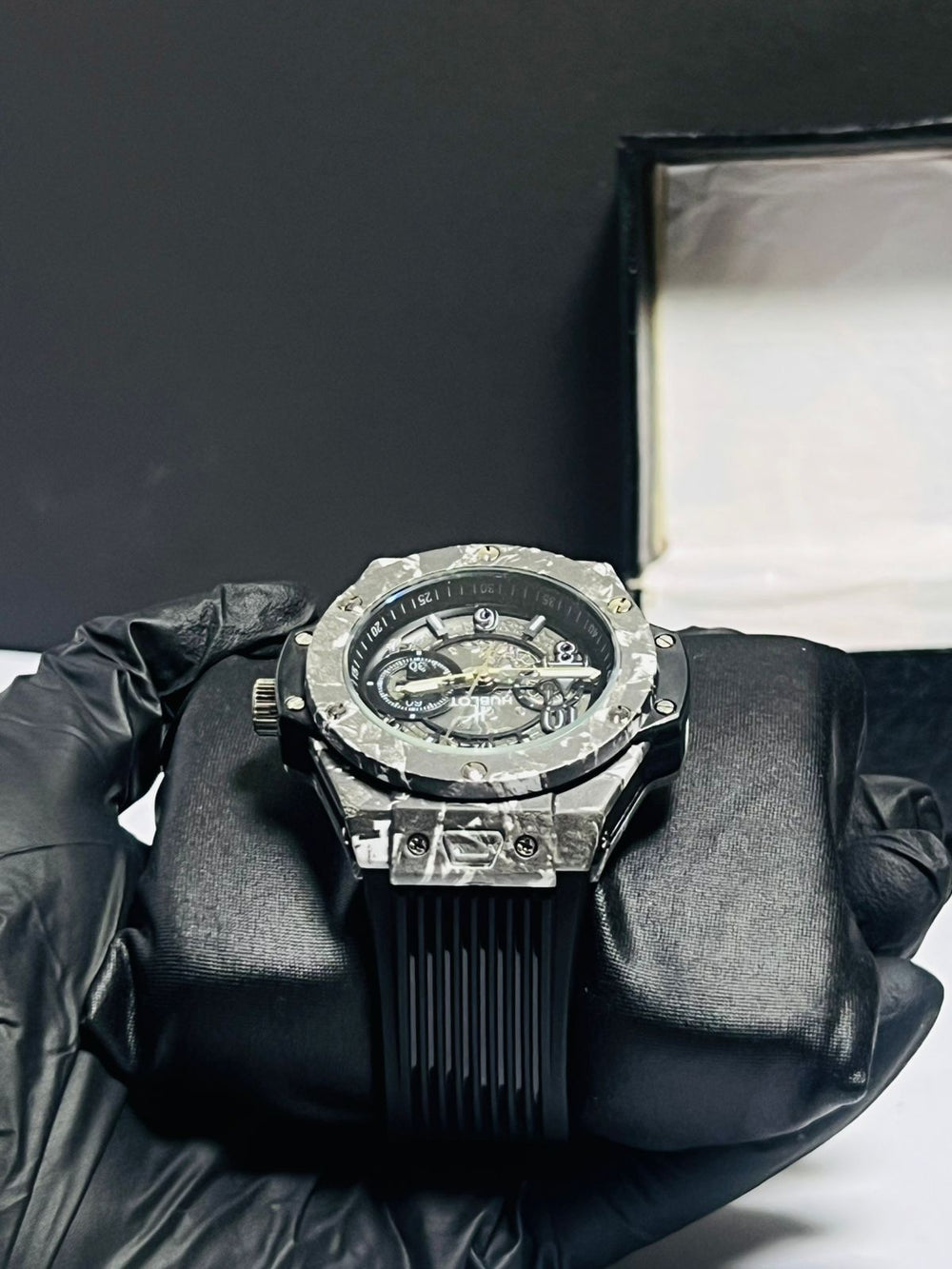 Premium skeleton automatic watch camo gray marble case red silicone strap Whearz Pakistan