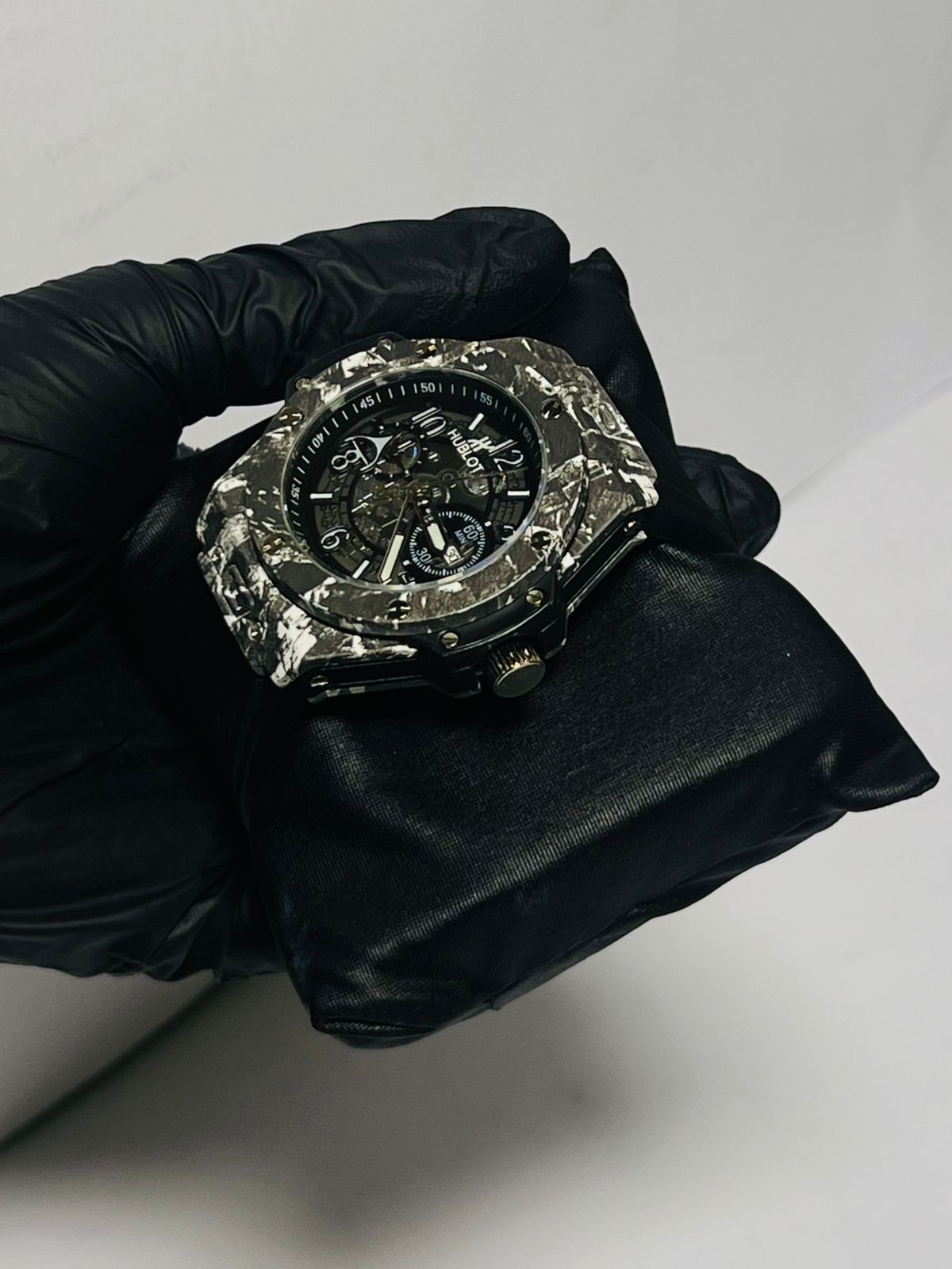 Mechanical skeleton watch visible gears movement camo pattern