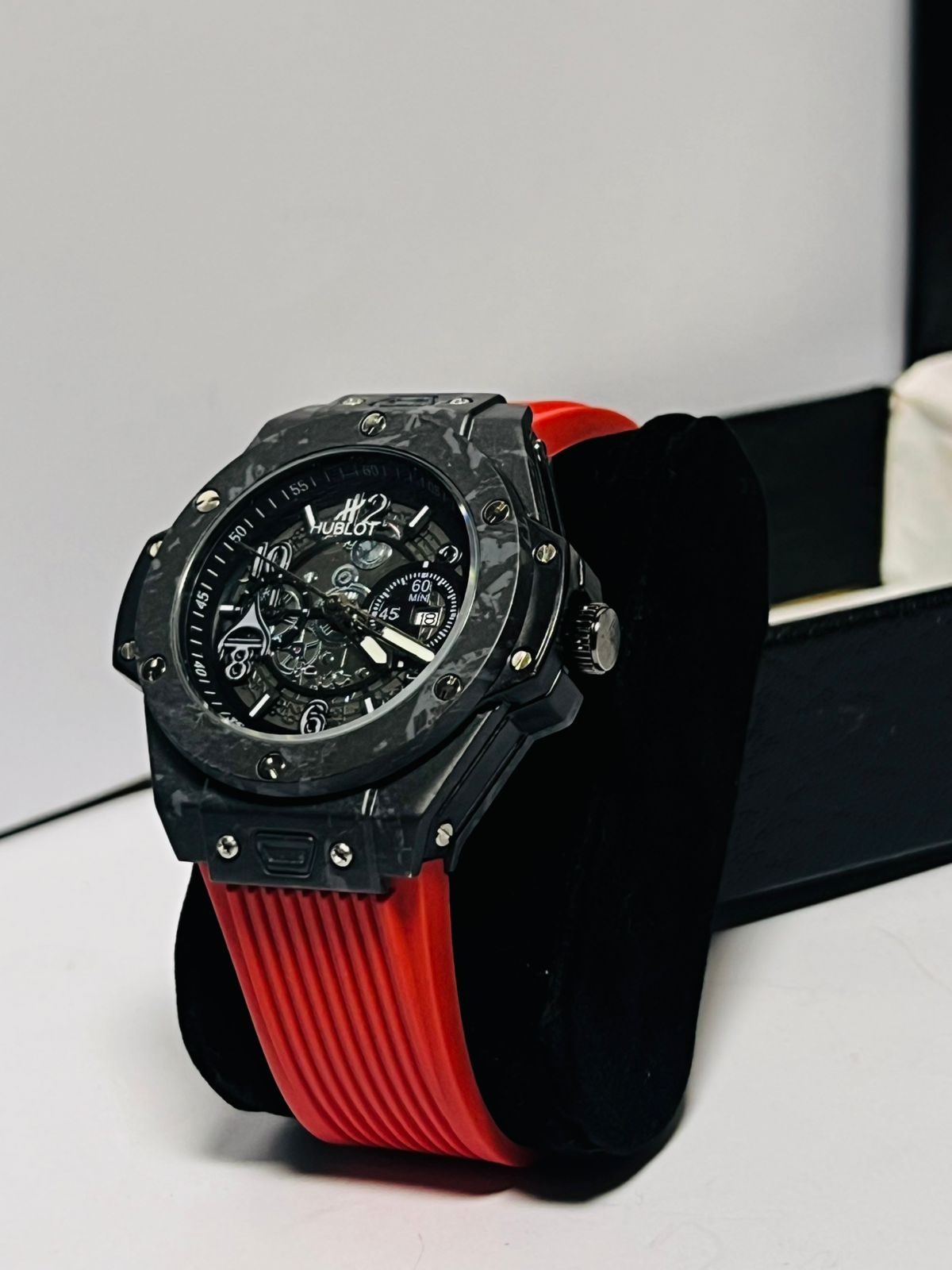 Premium skeleton automatic watch camo gray marble case red silicone strap Whearz Pakistan