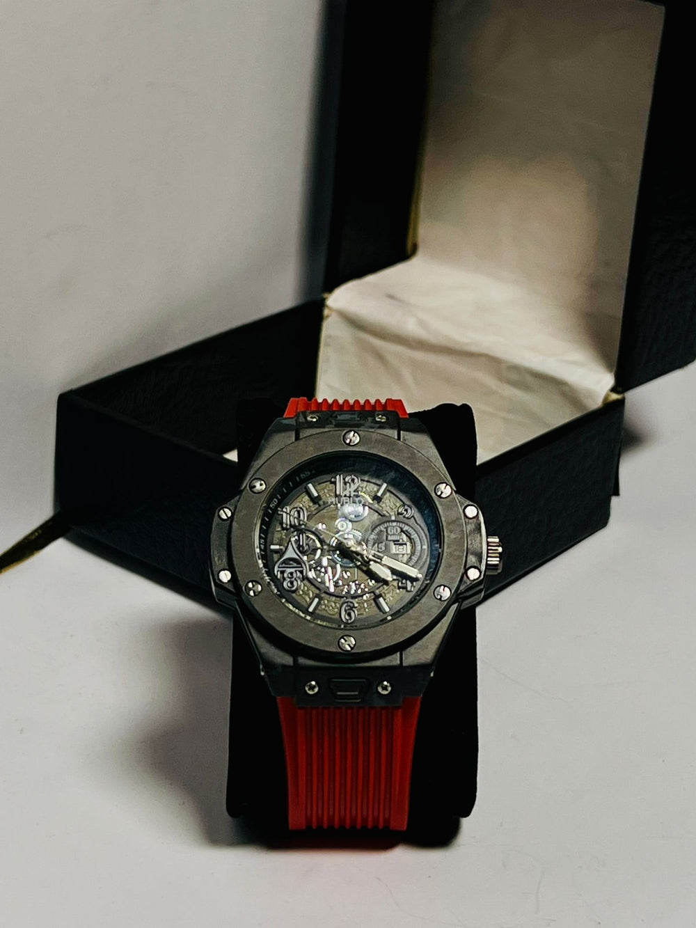 Premium skeleton automatic watch camo gray marble case red silicone strap Whearz Pakistan