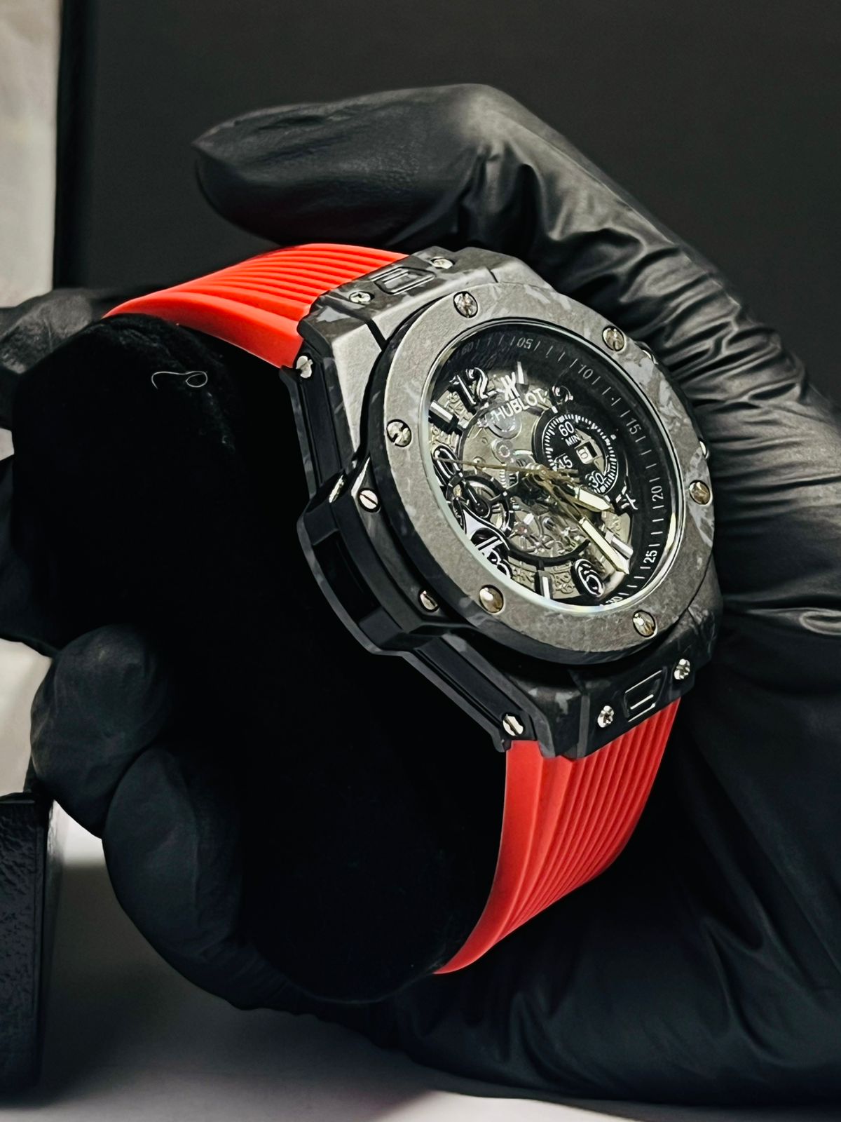 Mechanical skeleton watch visible gears movement camo pattern