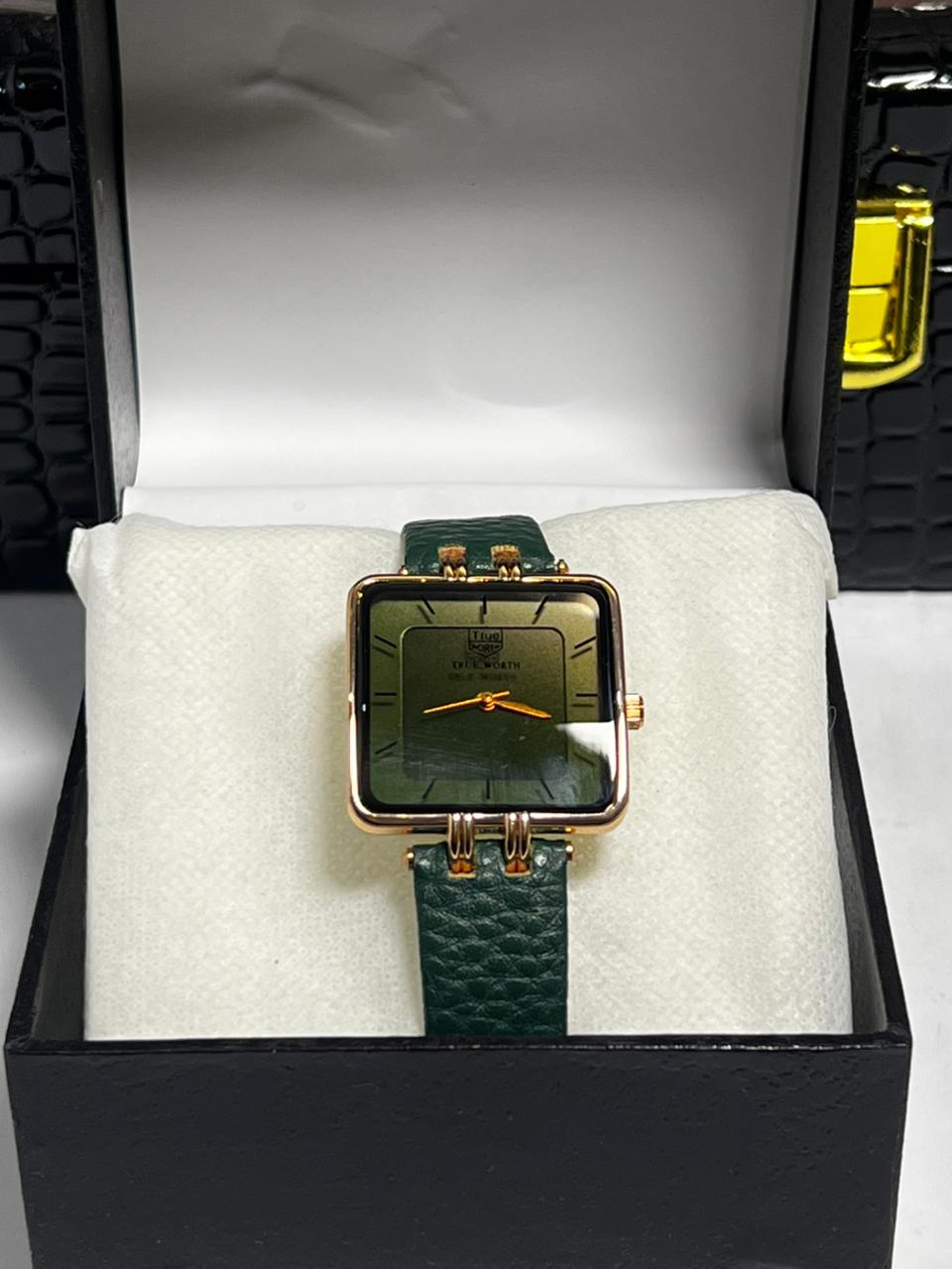 Time Worth green leather strap women square wrist watch