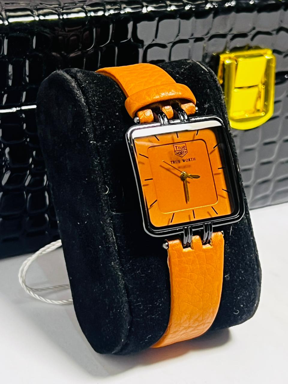 Time Worth orange leather strap square dial ladies watch