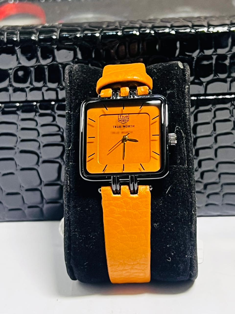 Time Worth orange leather strap square dial ladies watch