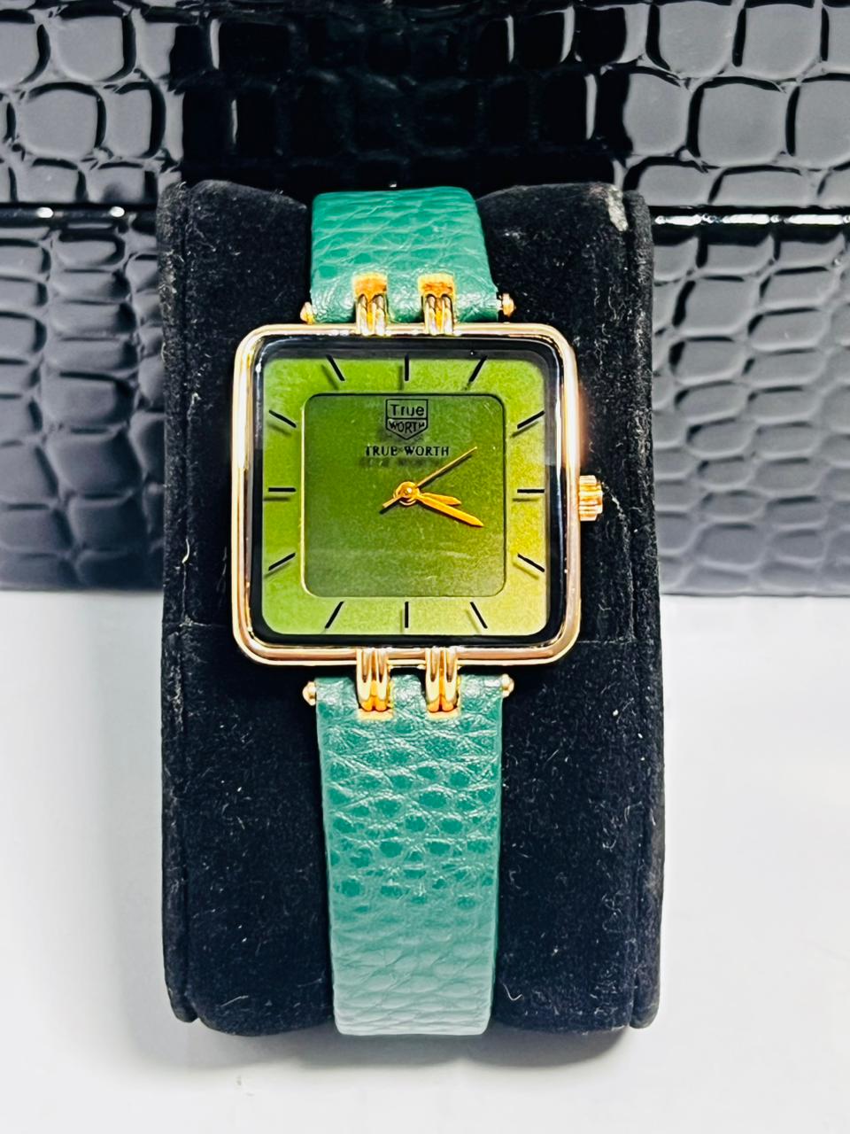 Time Worth green leather strap women square wrist watch