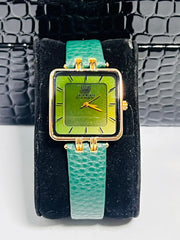 Time Worth green leather strap women square wrist watch