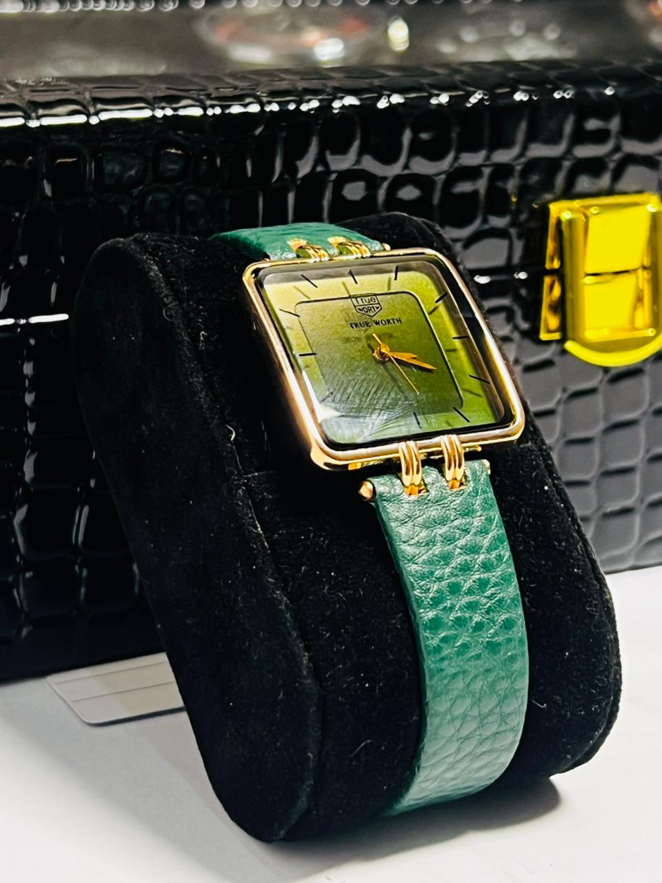 Time Worth green leather strap women square wrist watch