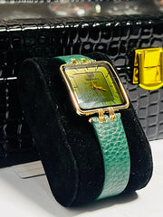 Time Worth green leather strap women square wrist watch