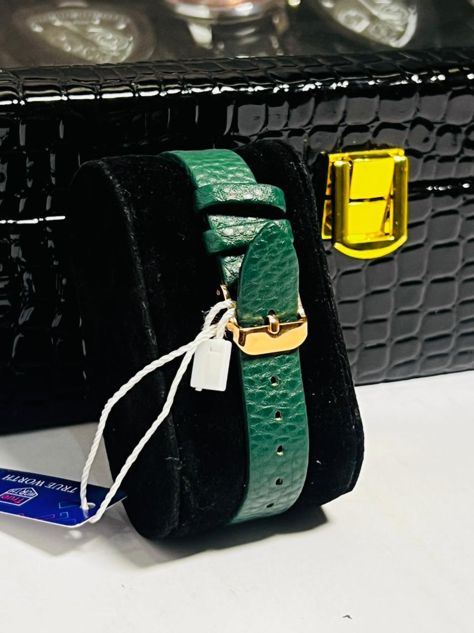 Time Worth green leather strap women square wrist watch