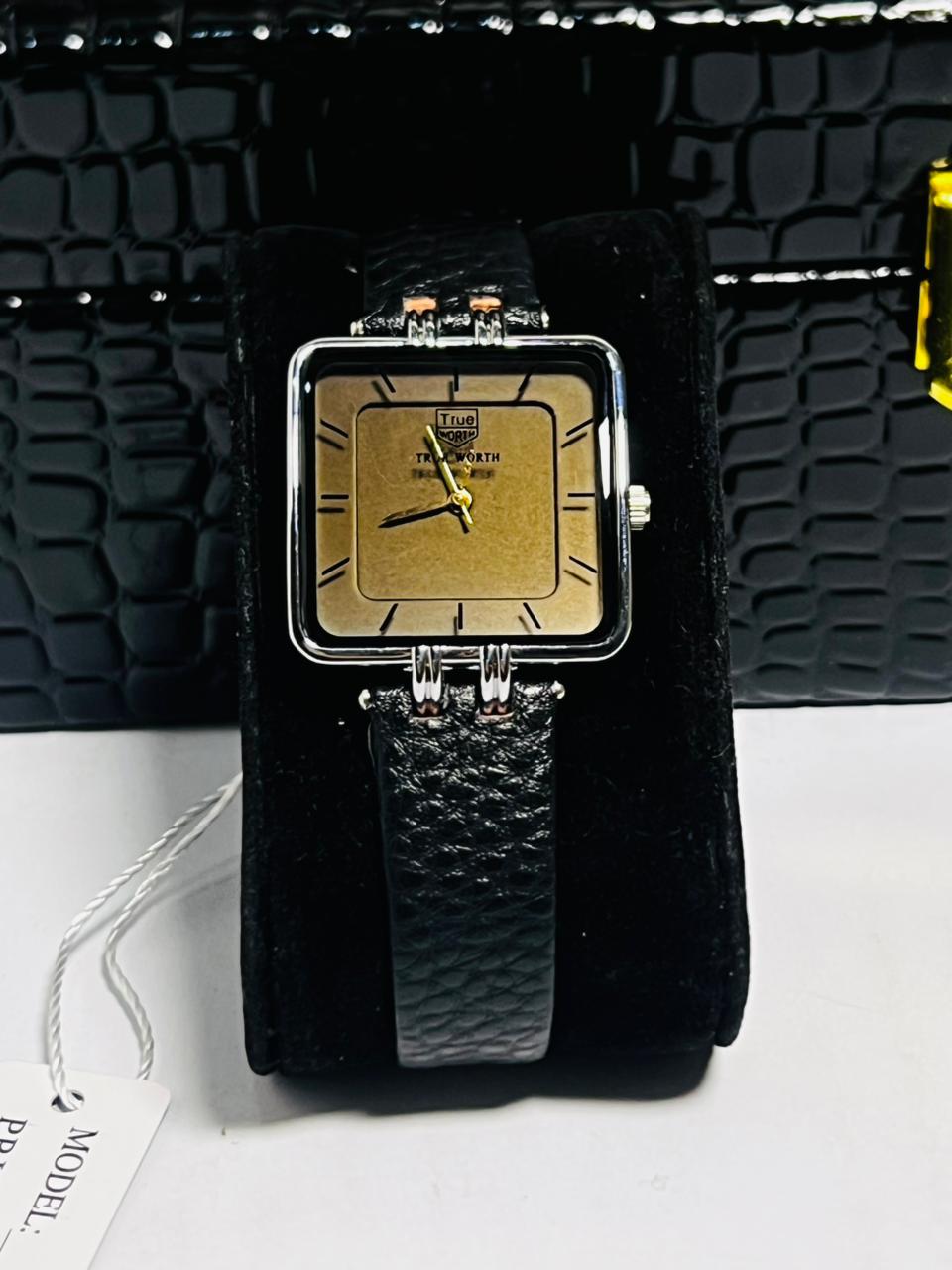 Time Worth black leather strap square dial women watch