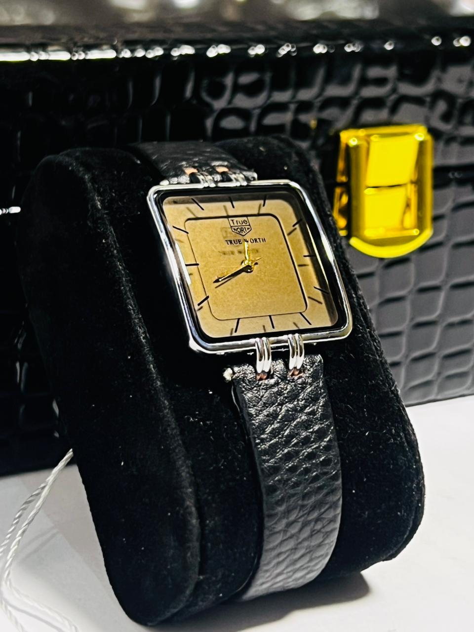 Time Worth black leather strap square dial women watch