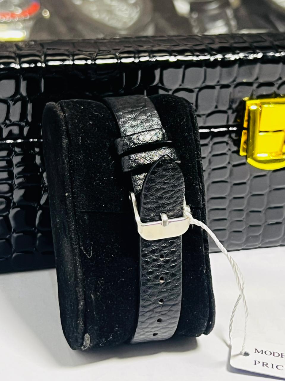 Time Worth black leather strap square dial women watch