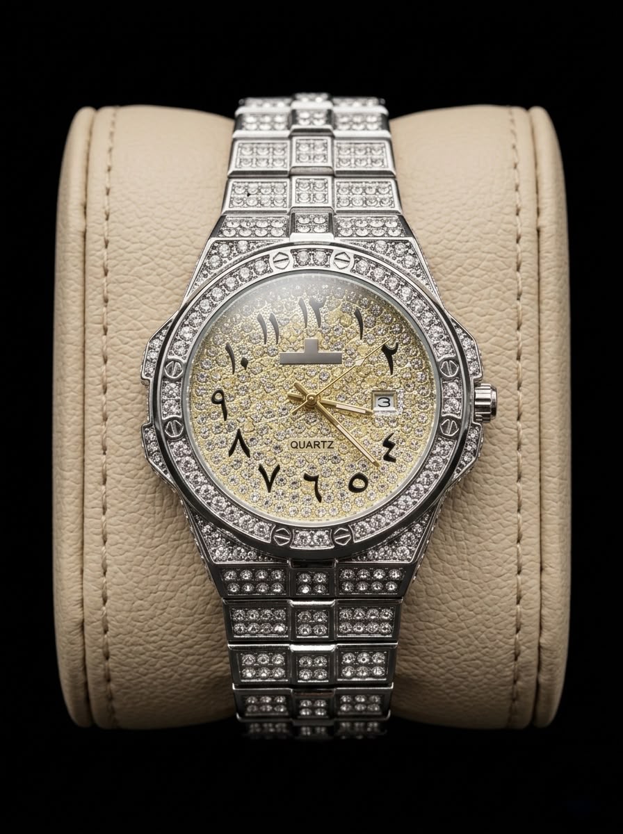 Iced Out Arabic Dial Silver Luxury Men's Watch - Gold Diamond Face