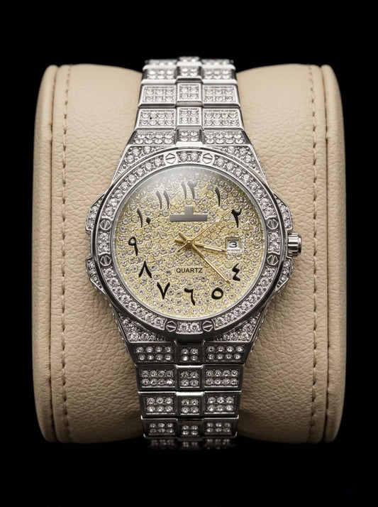 Iced Out Arabic Dial Silver Luxury Men's Watch - Gold Diamond Face