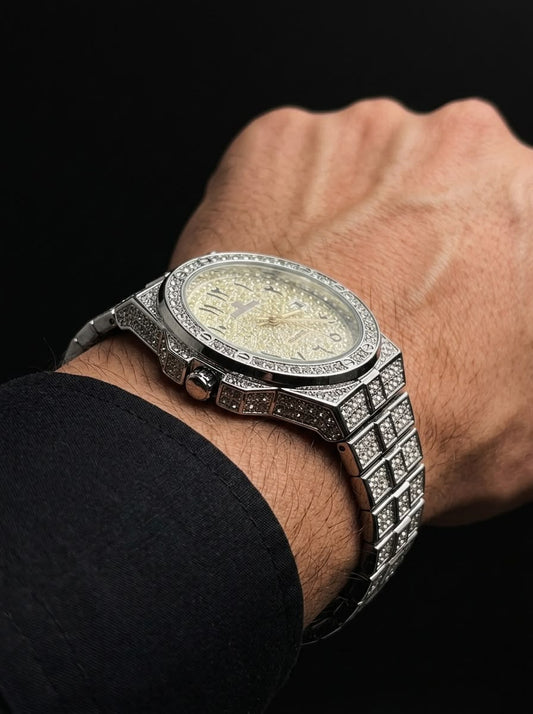 Iced Out Arabic Dial Silver Luxury Men's Watch - Gold Diamond Face
