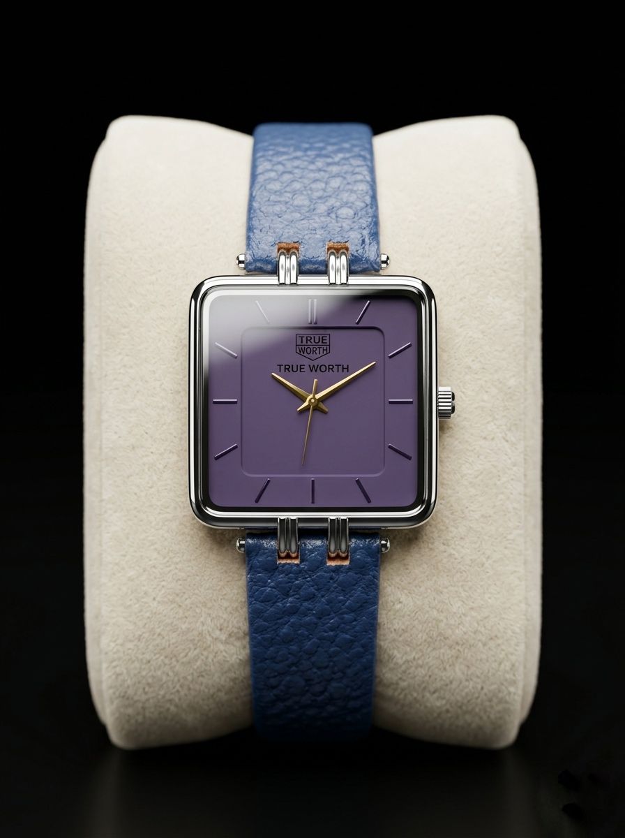 True Worth Square Purple Dial Luxury Women's Watch - Blue Leather Strap