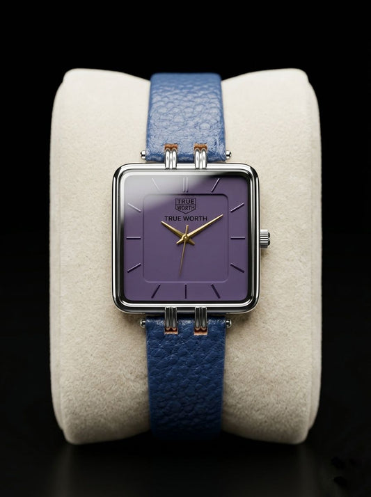 True Worth Square Purple Dial Luxury Women's Watch - Blue Leather Strap