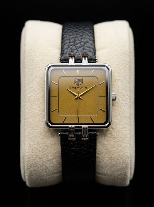 True Worth Square Mustard Gold Dial Luxury Women's Watch - Black Leather Strap
