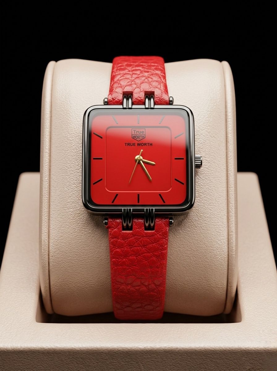True Worth Square Red Dial Luxury Women's Watch - Red Leather Strap