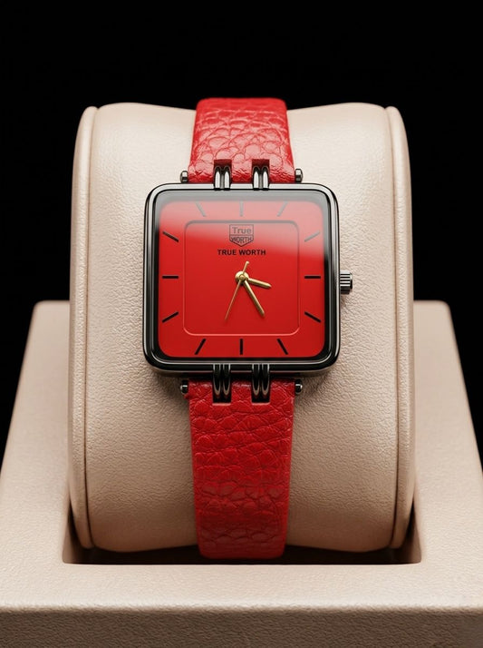 True Worth Square Red Dial Luxury Women's Watch - Red Leather Strap