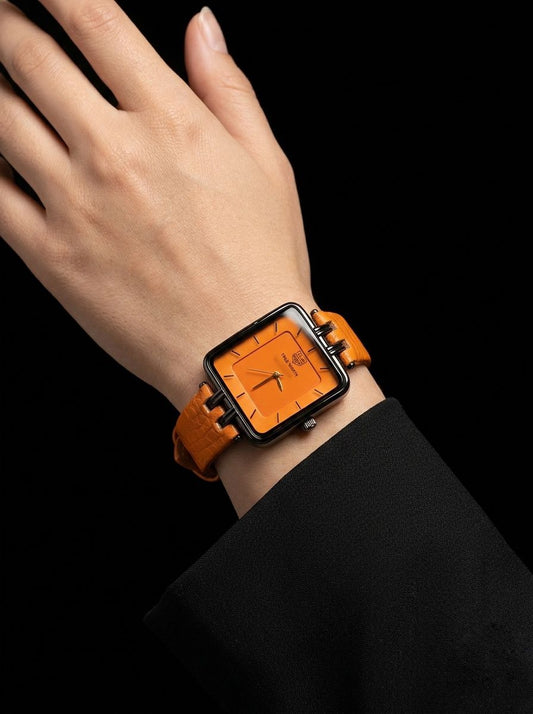 True Worth Square Orange Dial Luxury Women's Watch - Orange Leather Strap