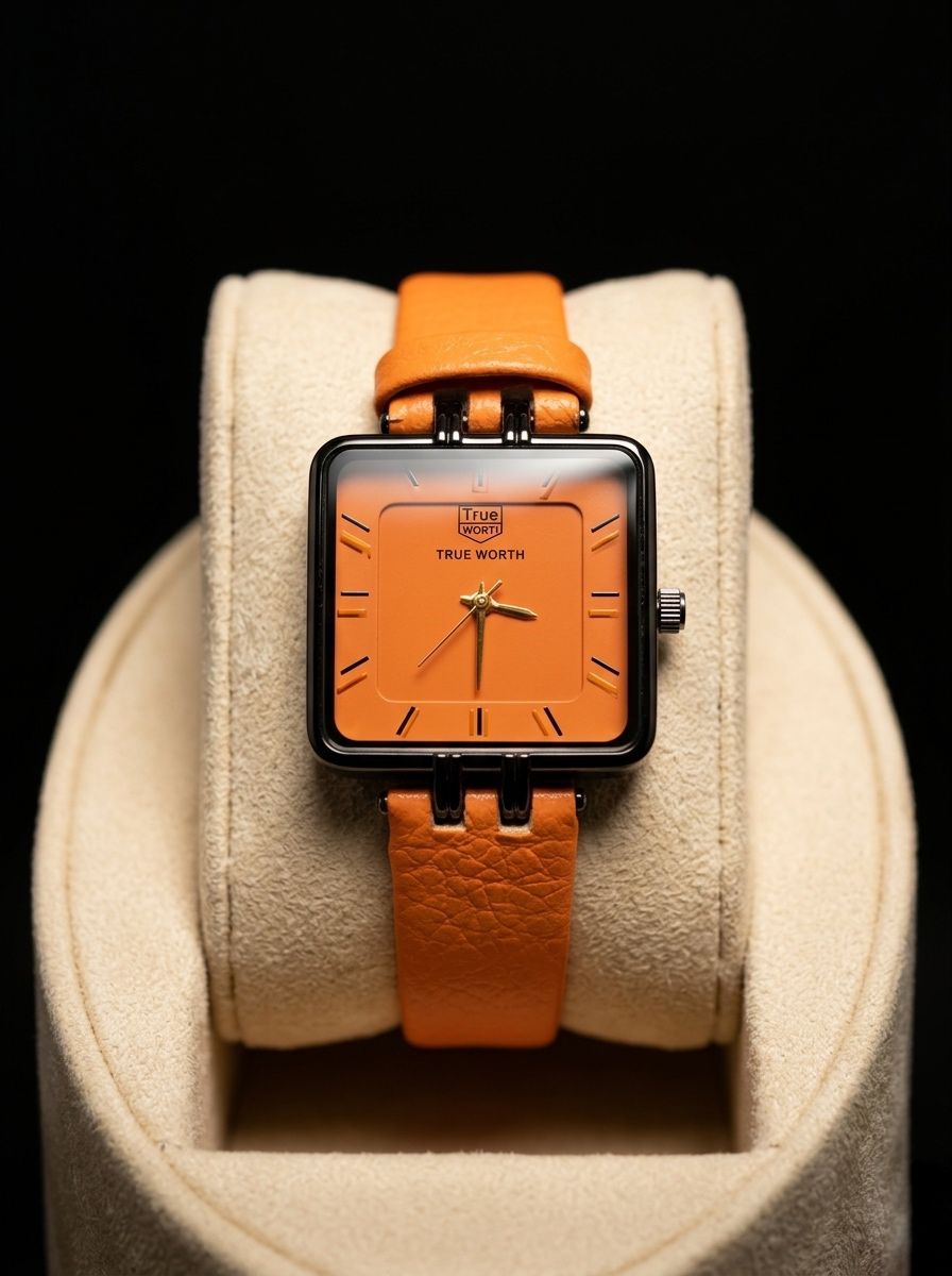 True Worth Square Orange Dial Luxury Women's Watch - Orange Leather Strap