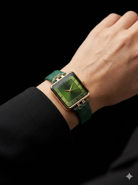 True Worth Geneve Square Green Dial Luxury Women's Watch - Green Leather Strap