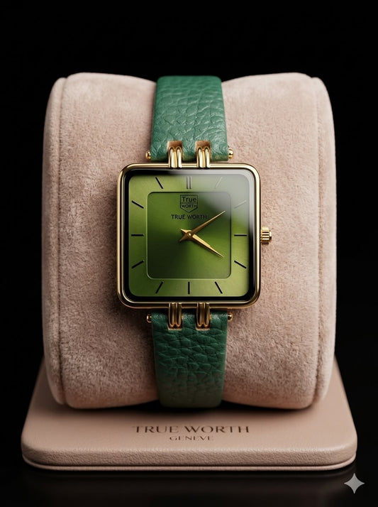 True Worth Geneve Square Green Dial Luxury Women's Watch - Green Leather Strap