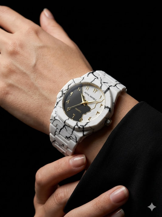 Royal Marble White & Black Marble Texture Luxury Watch - Arabic Numeric Dial