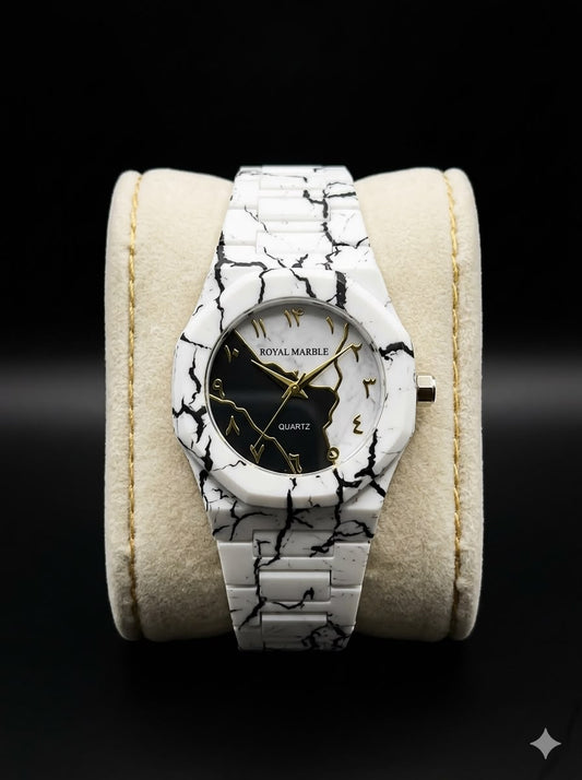 Royal Marble White & Black Marble Texture Luxury Watch - Arabic Numeric Dial