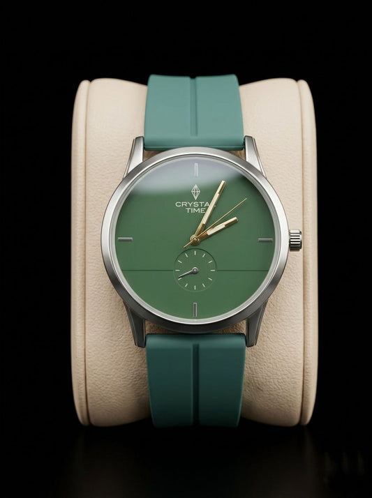 Crystal Time Minimalist Olive Green Dial Unisex Watch - Teal Green Silicon Strap