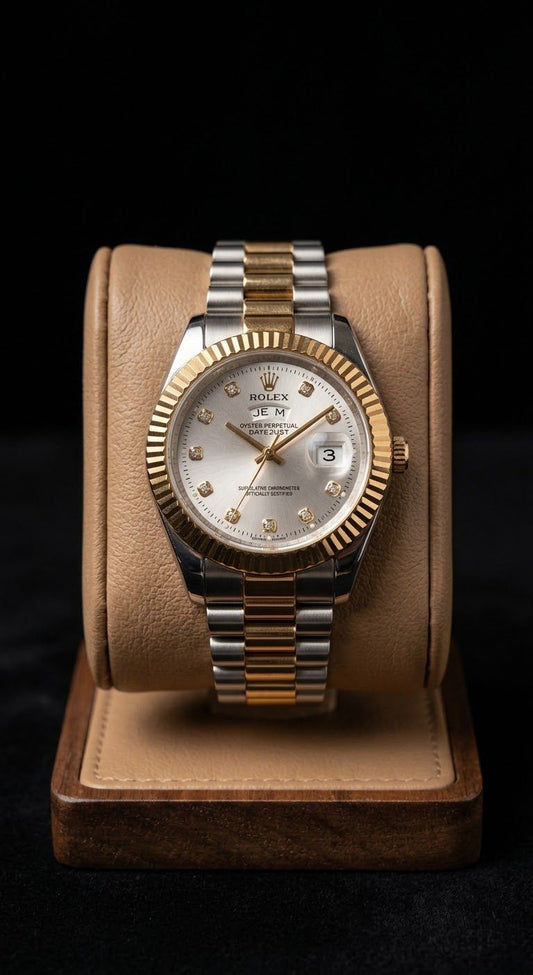 RLX Luxury Datejust Style Gold & Silver Stainless Steel White Dial Men's Watch