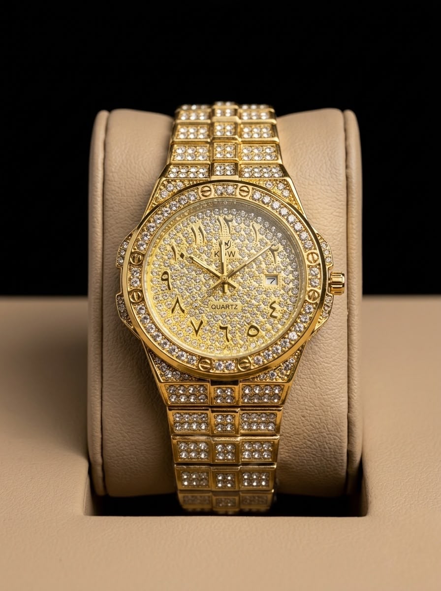 KW Imperial Gold Diamond Encrusted Watch with Arabic Numerals