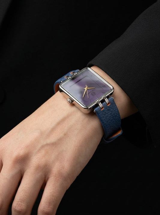 True Worth Square Purple Dial Luxury Women's Watch - Blue Leather Strap