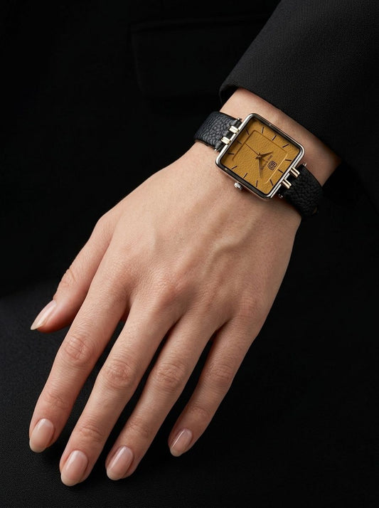True Worth Square Mustard Gold Dial Luxury Women's Watch - Black Leather Strap