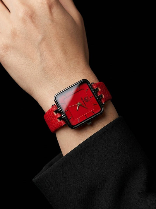 True Worth Square Red Dial Luxury Women's Watch - Red Leather Strap