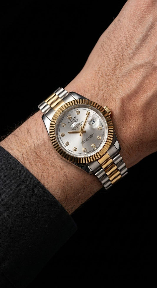 RLX Luxury Datejust Style Gold & Silver Stainless Steel White Dial Men's Watch